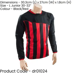 L JUNIOR Valencia Stripe Long Sleeve PLAIN Football Shirt - BLACK/RED 30-32"