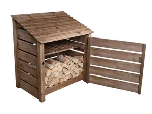 Slatted wooden log store with door and kindling shelf W-119cm, H-126cm, D-88cm - brown finish