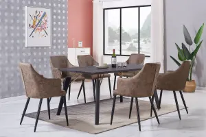 5PCs Zarah Cosmo Dining Table Set w/ a Black Dining Table & 6 Light Brown Faux Leather Dining Chairs for Dining Room