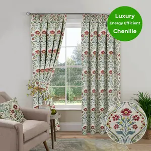 Home Curtains Vermont Chenille Floral Tapestry Fully Lined 65w x 90d" (165x229cm) Blue Pencil Pleat Curtains (PAIR)