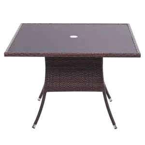 Retro Square Garden Wicker Rattan Tempered Glass Top Outdoor Patio Dinging Table with Umbrella Hole Brown 105 cm