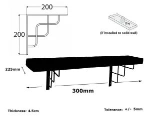 Solid Wood Handmade Rustical Shelf Unprimed 225mm 9 inch with Black Metal Bracket SQUARE Length of 30cm