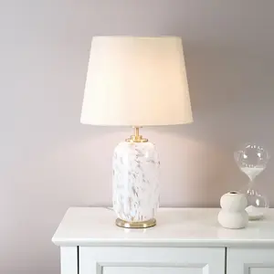 ValueLights India Gold Metal and White Confetti Glass Table Lamp with Beige Tapered Lampshade