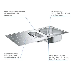 Grohe K200 SINK60 Polished Stainless steel 1.5 Bowl Kitchen sink 500mm x 965mm