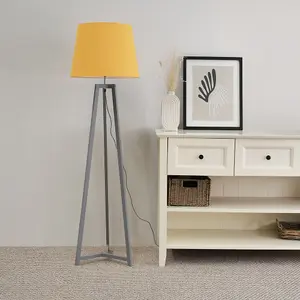 ValueLights Lottie Grey Wood Tripod Floor Lamp with Mustard Tapered Shade