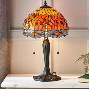 Tiffany Glass Table Lamp Light Dark Bronze Base & Orange Dragonfly Shade i00196