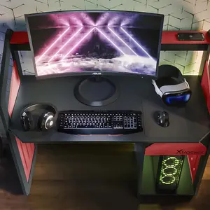 X-Rocker Battalion Gaming Desk 120cm Wide PC Computer Table with Drawer and Shelves  - Red