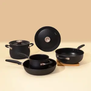 Meyer Accent Black Round Induction Suitable Dishwasher Safe Essential Cookware Set Pack of 6