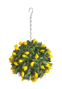 Pair of Best Artificial 24cm Yellow Lush Tulip Hanging Basket Flower Topiary Ball - Weather & Fade Resistant