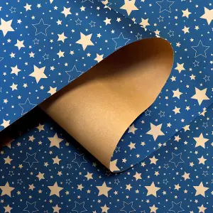 15m Eco Kraft Wrapping Paper Roll - Recyclable Brown Christmas Gift Wrap with Blue Star Design, 43cm Wide, Includes Twine