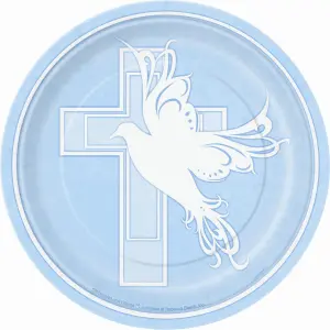 Unique Party Paper Dove Cross Christening Party Plates (Pack of 8) Blue/White (One Size)