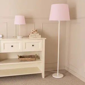 ValueLights Charles White Single Stem Table Lamp with Pink Tapered Lamp Shade and LED Bulb