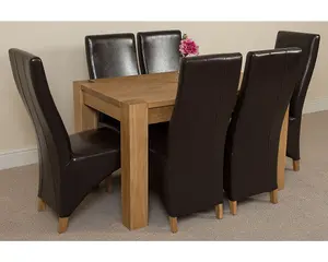 Kuba 125 x 80 cm Chunky Oak Small Dining Table and 6 Chairs Dining Set with Lola Brown Leather Chairs