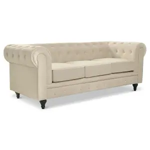 Velvet Chesterfield 3 Seater Sofa - Cream