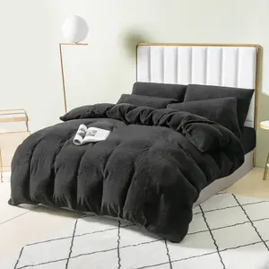 Teddy Fleece Duvet Cover set Black / Double - 2 Standard Pillowcases