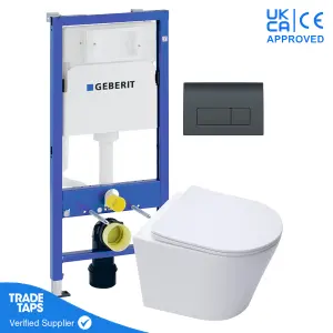 White Wall Hung Toilet Pan with Geberit Concealed Cistern Frame 112cm & Delta50 Black Flush Plate