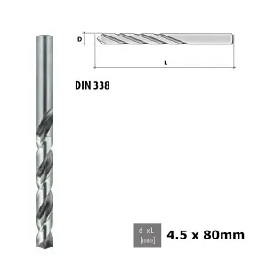 Quality Drill Bit For Metal - Fully Ground HSS DIN 338 Silver - Diameter 4.5mm - Length 80mm