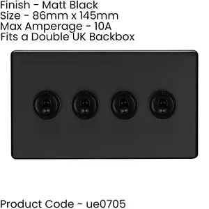 5 PACK 4 Gang Quad Retro Toggle Light Switch SCREWLESS MATT BLACK 10A 2 Way