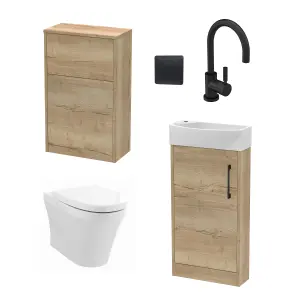 Cloakroom Suite - Right Hand 440mm Vanity, WC Unit, Toilet and Tap - Oak/Black