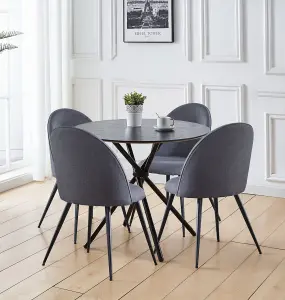 Hallowood Furniture Cullompton Small Round Black Dining Table 90cm with 4 Curved-back Grey Fabric Chairs