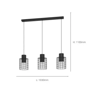 EGLO Milligan Black Steel 3-Light Pendant (IP20) - Industrial Wire Shades (D) 110cm x (H) 110cm