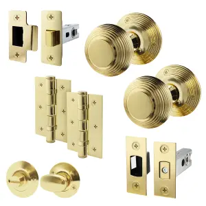 AFIT Beehive Door Knob Set Polished Brass - 1 Pair of Reeded Knobs (55mm), Latch & Deadbolt (76mm), Hinges (76mm) & Turn & Release