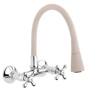 Invena Beige Flexible Spout Chrome Kitchen Tap Wallmounted Faucet Cross Heads Mixer