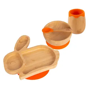 Tiny Dining - Rabbit Bamboo Suction Baby Feeding Set - Orange - 4pc