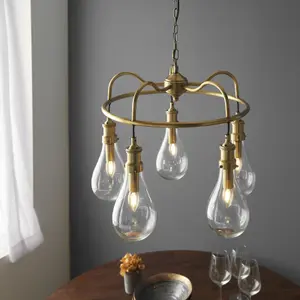 Ceiling Pendant Light - Antique Brass Plate & Clear Glass - 5 x 6W LED E14