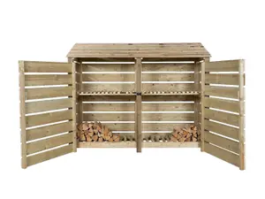 Slatted wooden log store with door and kindling shelf W-227cm, H-180cm, D-88cm - natural (light green) finish