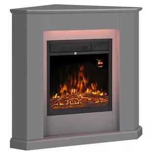 Modern Grey Corner Electric Fireplace with Remote Control, Triangle LED Log Fire, and Stylish Mantle