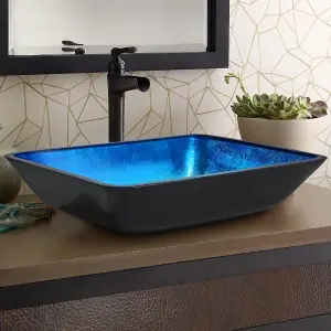 Blue Rectangular Glass Counter Mounted Bathroom Counter Top Basin W 460 mm x D 330mm