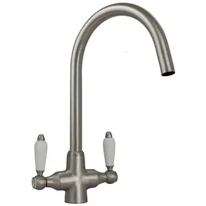 Astini Colonial Brushed Steel & White Ceramic Handle Twin Lever Kitchen Mixer Tap