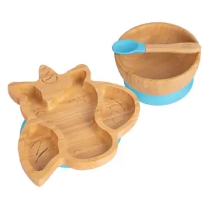 Tiny Dining - Children's Bamboo Suction Unicorn Dinner Set - Blue