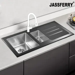 JASSFERRY Black Glass Top Kitchen Sink Stainless Steel 1.5 Deep Bowl Right Hand Drainer with Draining Groove