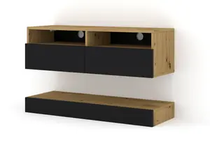 Duo Wall Hung TV Cabinet and Shelf Set in Oak Artisan and Black 1600mm