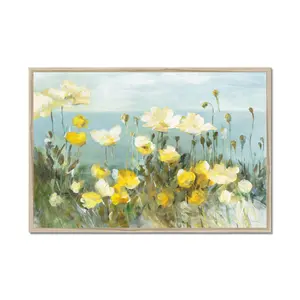 Field Of Poppies Bright Crop by Danhui Nai - Painting Natural Wood Framed Paper Print / 65cm H x 95cm W