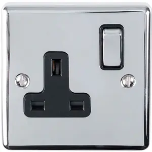 3 PACK 1 Gang Single UK Plug Socket POLISHED CHROME 13A Switched Black Trim