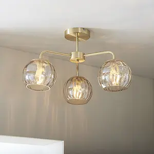 Luminosa Dimple Multi Arm Glass Semi Flush Ceiling Light Satin Brass Plate, Champagne Lustre Glass