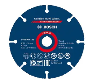 BOSCH Expert Carbide Multi Wheel Cutting Disc (76mm, 10mm) (1/Pack) (To Fit: Bosch GWS 12V-76 Cordless Angle Grinder)