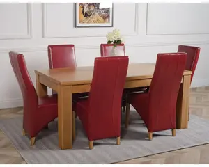 Dakota 182 x 92 cm Chunky Oak Large Dining Table and 6 Chairs Dining Set with Lola Burgundy Leather Chairs