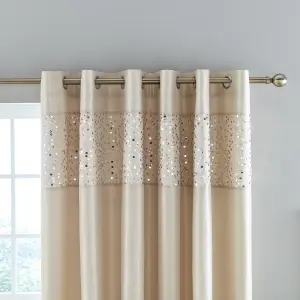 Catherine Lansfield Glitzy Sequin 66x90 Inch Lined Eyelet Curtains Two Panels Natural