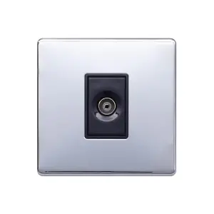 Polished Chrome Screwless Plate 1 Gang TV Socket - Black Trim - SE Home