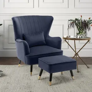 Velvet Navy Blue Camila Accent Wingback Chair with Footstool