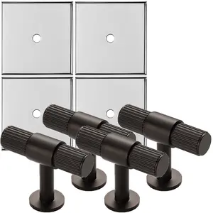 4 PACK - Cabinet Door Knob & Contrasting Backplate Set - Reeded T Bar Pull - Matt Black & Chrome