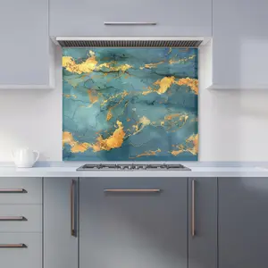 Gold And Azure Marble Effect Premium Glass Kitchen Splashback W900mm x H750mm