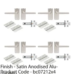 4 PACK - Contract Straight Door Handle & Latch Pack Set- Satin Aluminium Lever on Backplate