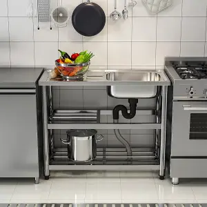 One Compartment Commercial Freestanding Stainless Steel Kitchen Sink with Drainboard and Shelf