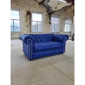 Chesterfield 2 Seater Shelly Deep Ultramarine Blue Real Leather Sofa Settee Bespoke In Classic Style