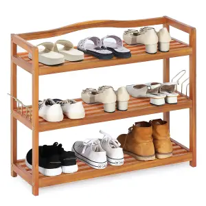 Costway 3-Tier Wood Shoe Rack Solid Shoe Storage Shelf Organizing Unit w/ Side Hooks